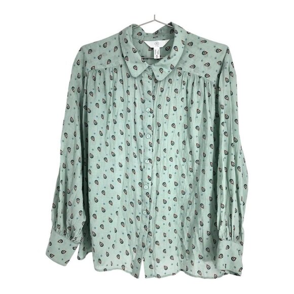 Reitmans Light Sage Green Small Paisley Patterned Button Up Long Sleeve Shirt 2X - Picture 2 of 16